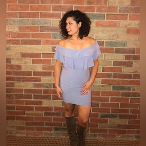 Off Shoulder Blue Knit Mini Dress